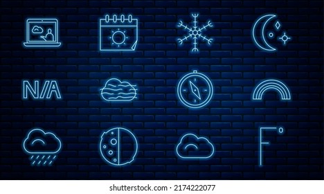 Fijar línea Fahrenheit, Arcoiris, copo de nieve, niebla y nube, no aplicable, pronóstico del tiempo, brújula y icono del sol del calendario. Vector