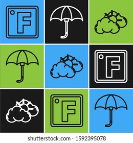 Set line Fahrenheit, Sun and cloud weather and Classic elegant opened umbrella icon. Vector