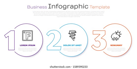 Set line Fahrenheit, Tornado and Cloud with rain and sun. Business infographic template. Vector