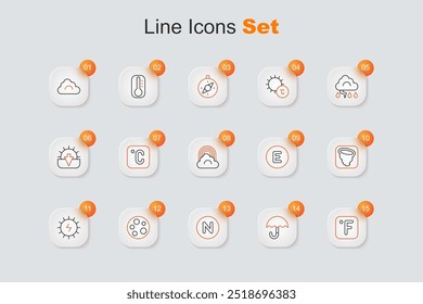 Set line Fahrenheit, Umbrella, Compass north, Moon, Solar energy panel, Tornado, west and Rainbow with cloud icon. Vector