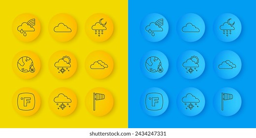 Linea de ajuste Fahrenheit, Porcentaje de caída de agua, Nube con nieve y sol, Cono windsock wind vane, Lluvia con nubes de arco iris, luna e icono. Vector