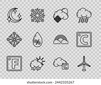 Set line Fahrenheit, Wind turbine, Cloud with snow and sun, rain, Moon stars, Water drop percentage, Celsius cloud and  icon. Vector