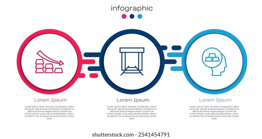 Set line Flecha caída con barras de oro, mina de oro y . Plantilla de infografía de negocios. Vector