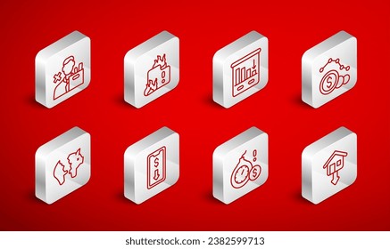 Set line Falling Immobilien Preise, Feuerbrand Haus, Infografik der Kuchen, Rückgang der Dollarrate, Geldbombe-Dollar-Krise, Entlassung von Mitarbeitern, Mobile Stock-Handel und Broken Sparschwein Symbol. Vektorgrafik
