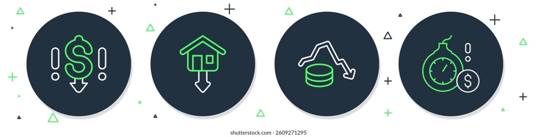 Set line Falling property prices, Dollar rate decrease,  and Money bomb dollar crisis icon. Vector