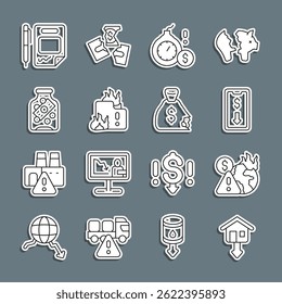 Precios de propiedad en caída, crisis económica global, comercio de acciones móviles, dólar de la bomba de dinero, casa en llamas, tarro de dinero de vidrio con moneda, contrato e ícono de bolígrafo y bolso. Vector