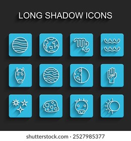 Set line Falling star, Asteroid, Planet Jupiter, Ox zodiac, Eclipse of the sun, Venus, Palmistry hand and  icon. Vector