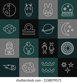 Set line Falling star, Astrology horoscope circle, Moon and stars, Rabbit zodiac, Libra, Monkey, Eclipse of the sun and Planet Saturn icon. Vector