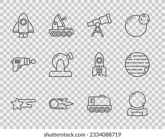 Set line Falling star, Astronaut helmet, Telescope, Comet falling down fast, Rocket ship, Astronomical observatory, Mars rover and Planet icon. Vector