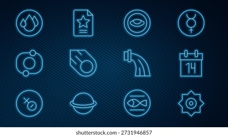 Estrella que cae, calendario, medallón con el ojo, cometa, sistema solar, gota de agua, zodíaco de Acuario e icono de la constelación de la estrella. Vector