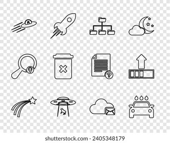 Set line Falling star, Car wash, Folder tree, UFO abducts cow, flying spaceship and alien, Trash can, Cloud mail server and Loading icon. Vector