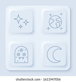 Set line Falling star, Earth globe, Alien and Moon and stars. White square button. Vector