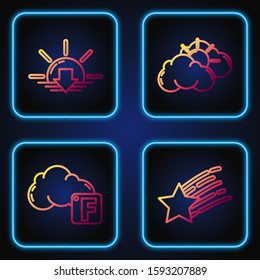 Set line Falling star, Fahrenheit and cloud, Sunset and Sun and cloud weather. Gradient color icons. Vector