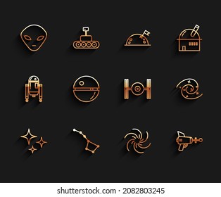 Set line Falling star, Great Bear constellation, Alien, Black hole, Ray gun, Death,  and Cosmic ship icon. Vector