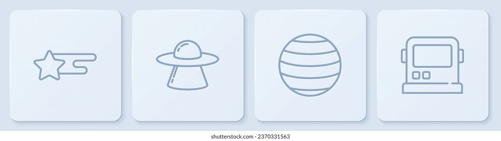 Set line Falling star, Planet Venus, UFO flying spaceship and Astronaut helmet. White square button. Vector