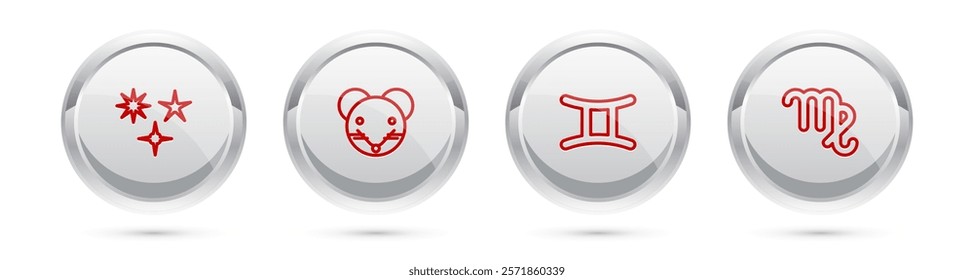 Set line Falling star, Rat zodiac, Gemini and Virgo. Silver circle button. Vector