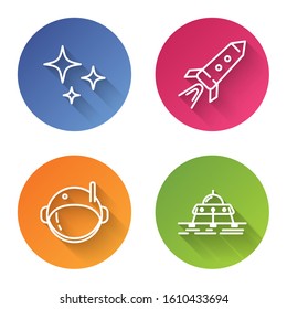 Set line Falling star, Rocket ship with fire, Astronaut helmet and Mars rover. Color circle button. Vector