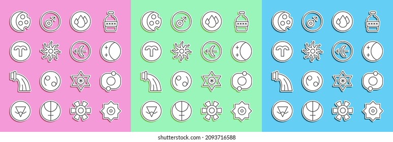 Set line Falling star, Solar system, Eclipse of the sun, Water drop, Sun, Aries zodiac,  and Sagittarius icon. Vector