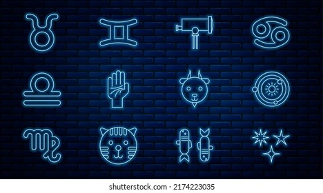 Set line Falling star, Solar system, Telescope, Palmistry of the hand, Libra zodiac, Taurus, Aries and Gemini icon. Vector
