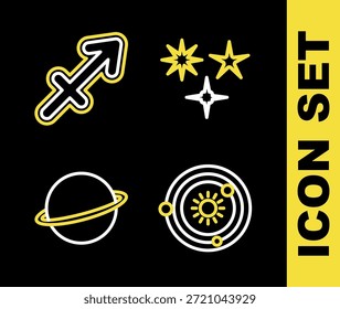 Definir a linha Estrela caindo, Sistema solar, Planeta Saturno e Ícone do Zodíaco de Sagitário. Vetor