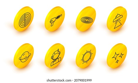 Set line Falling star, Sun, Astronaut, Planet, UFO flying spaceship, Ray gun and Earth structure icon. Vector