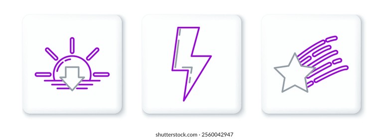 Set line Falling star, Sunset and Lightning bolt icon. Vector