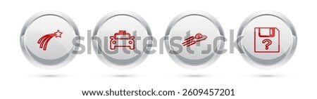 Set line Falling star, Taxi car, UFO flying spaceship and alien and Unknown document. Silver circle button. Vector