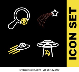 Set line Falling star, UFO abducts cow, flying spaceship and alien and Unknown search icon. Vector