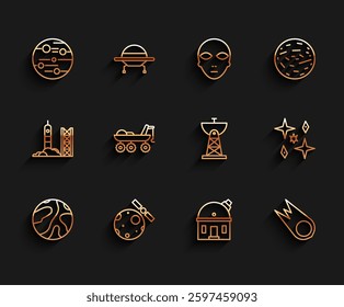 Set line Falling stars, Satellites orbiting the planet Earth, Planet Mars, Astronomical observatory, Comet falling down fast, rover,  and dish icon. Vector