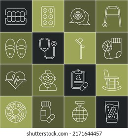 Set line False jaw in glass, Rocking chair, Socks, Grandmother, Stethoscope, Slippers,  and Crutch or crutches icon. Vector