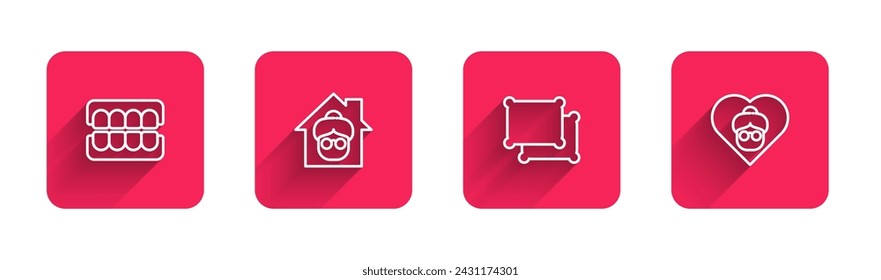 Fijar línea Falsa mandíbula, Residencia de Ancianos, Almohada y Abuela con sombra larga. Botón cuadrado rojo. Vector