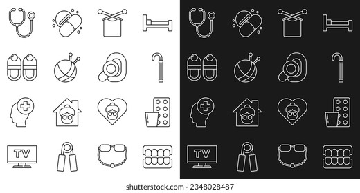 Fijar la línea de la mandíbula falsa, las pastillas en blíster, la bastón de la vara de caminar, el punto, la pelota de yarn con agujas de punto, las zapatillas, el estetioscopio y el icono de ayuda auditiva. Vector