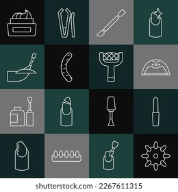 Set line False nails, Nail file, Manicure lamp, Cuticle pusher, Bottle of polish and  icon. Vector