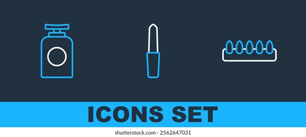 Set line False nails, Tube of hand cream and Nail file icon. Vector