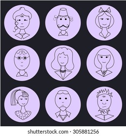 Set of line family icons in round frame