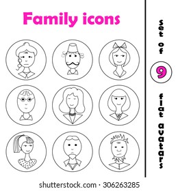 Set of line family icons in round frame on white background