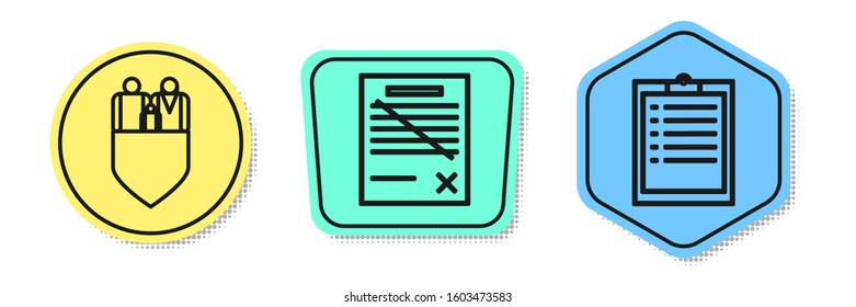 Set line Family insurance with shield, Delete file document and Clipboard with checklist. Colored shapes. Vector