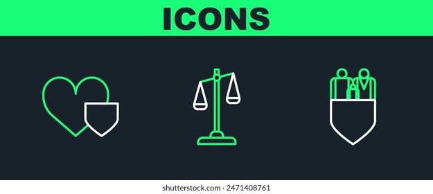 Set line Family insurance with shield, Heart and Scales of justice icon. Vector