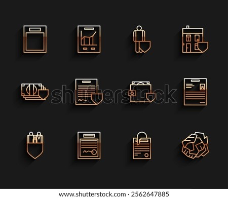 Set line Family insurance with shield, Filled form, Empty, File document and paper clip, Crumpled ball, Contract, Personal and Wallet money icon. Vector