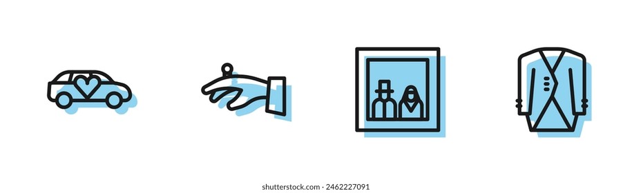 Set line Family photo, Limousine car, Wedding rings on hand and Suit icon. Vector