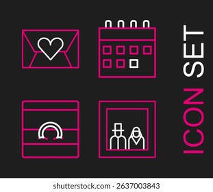 Set line Family photo, Wedding rings, Calendar and Envelope with Valentine heart icon. Vector