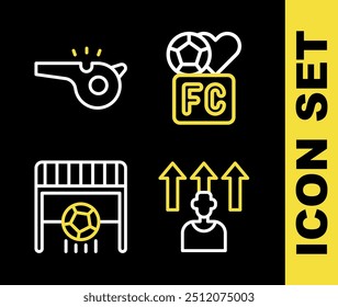 Fije la línea Fanático club de fútbol, fútbol o jugador de fútbol, gol con silbato e icono. Vector