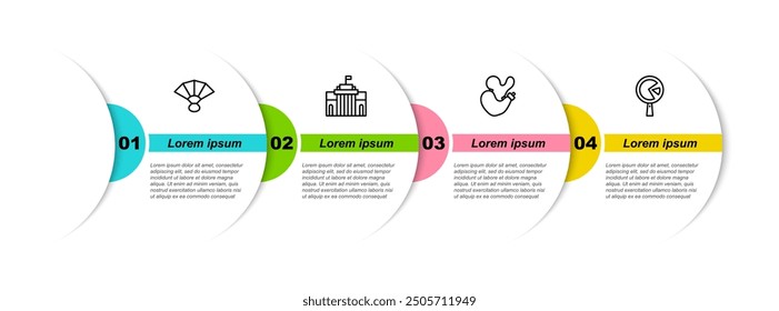 Set line Fan flamenco, Prado museum, Spanish wineskin and Omelette frying. Business infographic template. Vector