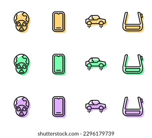 Set line Fantastic flying car, Planet earth and radiation, Mobile phone and Smart glasses spectacles icon. Vector