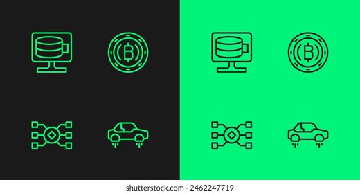 Set line Fantastic flying car, Neural network, Cloud database and Cryptocurrency coin Bitcoin icon. Vector