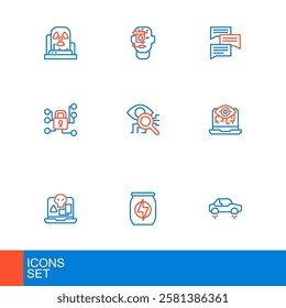 Set line Fantastic flying car, Energy drink, Internet piracy, Computer vision, Cyber security, Eye scan, Speech bubble chat and Smart glasses spectacles icon. Vector