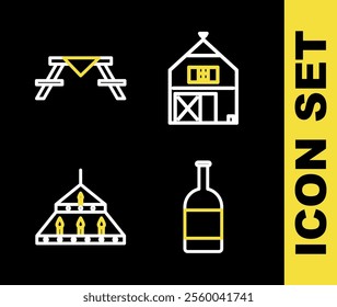 Set line Farm House, Beer bottle, Massive steel chandelier and Picnic table with benches icon. Vector