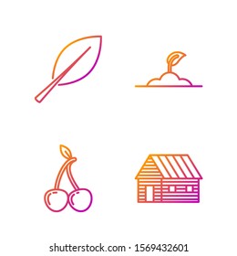 Set line Farm house, Cherry, Leaf and Sprout. Gradient color icons. Vector