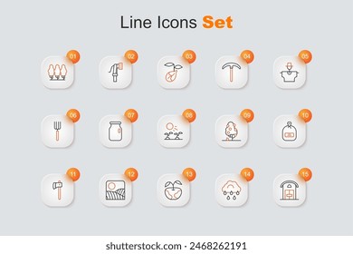 Set line Casa de campo, Nube con lluvia, Manzana, Agricultura granja de campo de trigo, Hacha de madera, Pack lleno de semillas, Árbol de frutas y brotes de plantas crecen el icono del sol. Vector