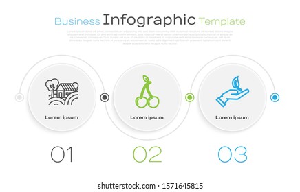 Set line Farm House concept, Cherry and Sprout in hand of environmental protection. Business infographic template. Vector